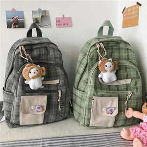 Plaid Schoolbag College Laptop Backpack Multi-pocket Women Backpack
