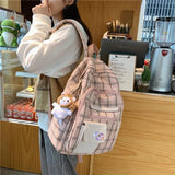 Plaid Schoolbag College Laptop Backpack Multi-pocket Women Backpack