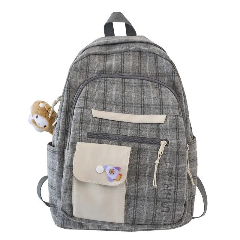 Plaid Schoolbag College Laptop Backpack Multi-pocket Women Backpack