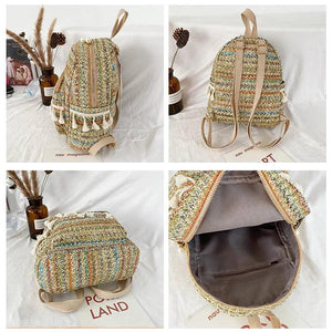 National Style Straw Tassel Small Backpack Casual Woven Bag