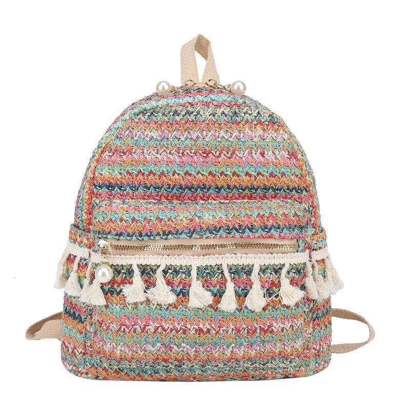 National Style Straw Tassel Small Backpack Casual Woven Bag