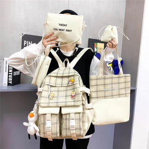 5Pcs/set Canvas Backpack Schoolbags for Girls Tote Book Bag Student Rucksack