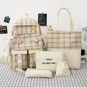 5Pcs/set Canvas Backpack Schoolbags for Girls Tote Book Bag Student Rucksack