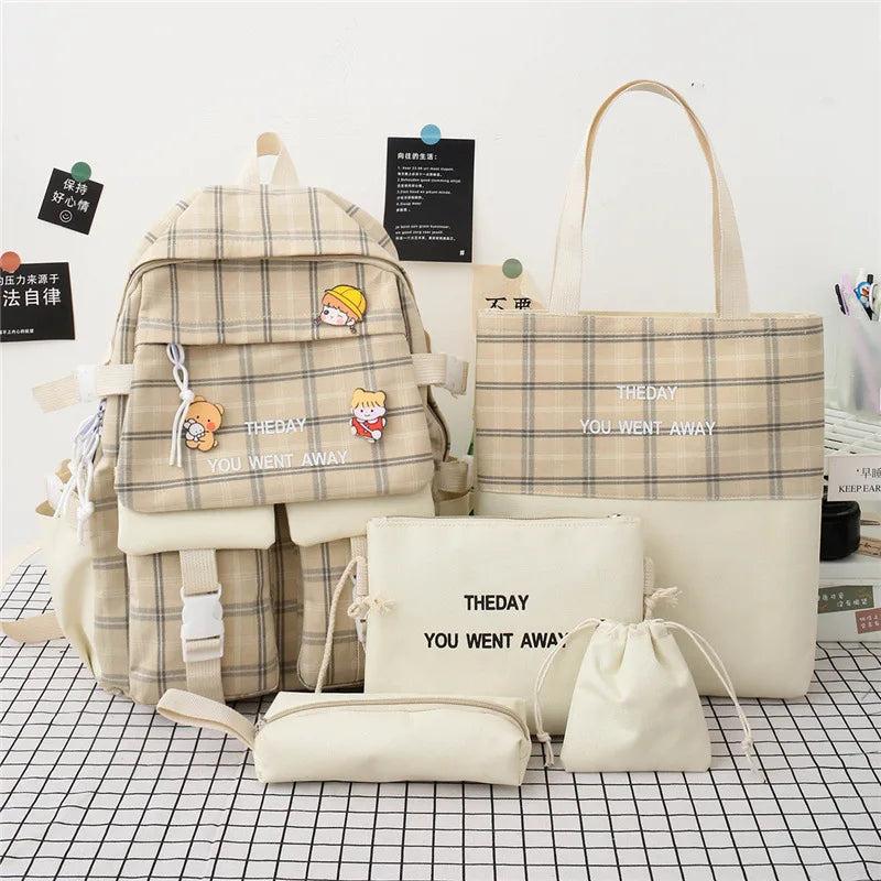 5Pcs/set Canvas Backpack Schoolbags for Girls Tote Book Bag Student Rucksack