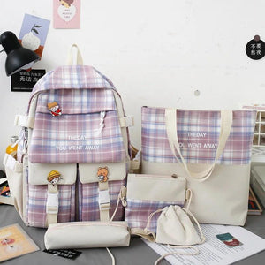 5Pcs Lattice Canvas Women Backpack School Bags for Teenage Girl