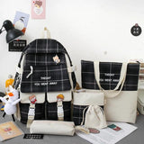 5Pcs Lattice Canvas Women Backpack School Bags for Teenage Girl