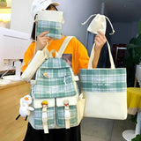 5Pcs Lattice Canvas Women Backpack School Bags for Teenage Girl
