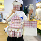 5Pcs Lattice Canvas Women Backpack School Bags for Teenage Girl