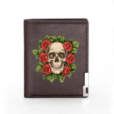 Charm Rose Flower Skull Print Leather Wallet Men Women Billfold Slim