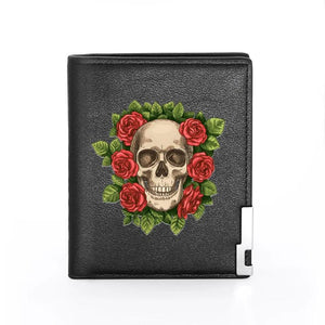 Charm Rose Flower Skull Print Leather Wallet Men Women Billfold Slim
