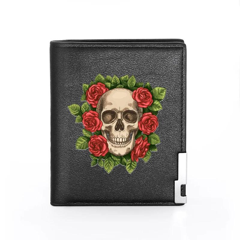 Charm Rose Flower Skull Print Leather Wallet Men Women Billfold Slim