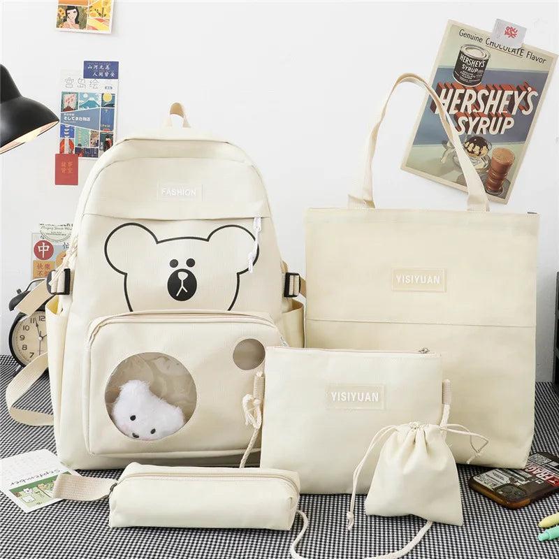 5Pcs Kids Schoolbags Canvas Travel Backpacks with Handbag Shoulder Bags