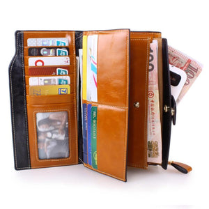 Oil Wax Leather Women's Card Wallet Long Large Capacity Bag