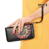 RFID Blocking Leather Women Wallet Clutch Carving&Painting