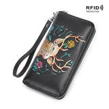 RFID Blocking Leather Women Wallet Clutch Carving&Painting