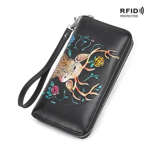 RFID Blocking Leather Women Wallet Clutch Carving&Painting