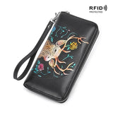 RFID Blocking Leather Women Wallet Clutch Carving&Painting