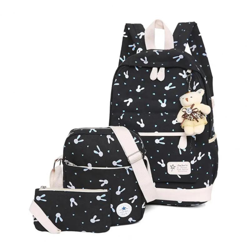 3Pcs/Set Rabbit Print Student Backpack, Adjustable Strap, Large Capacity Bookbag