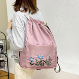Waterproof Flower Print Embroidery Foldable Drawstring Backpack