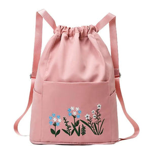 Waterproof Flower Print Embroidery Foldable Drawstring Backpack
