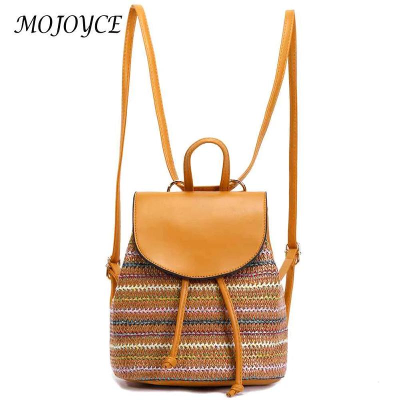 Boho Straw Shoulder Backpack - Embroidered Woven Schoolbag for Women