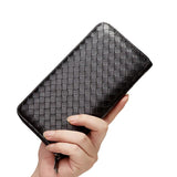 Men Long Wallet Leather Striped Embroidery Woven Clutch Bag Business Billfold