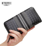Men Long Wallet Leather Striped Embroidery Woven Clutch Bag Business Billfold