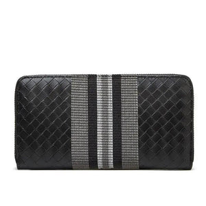 Men Long Wallet Leather Striped Embroidery Woven Clutch Bag Business Billfold
