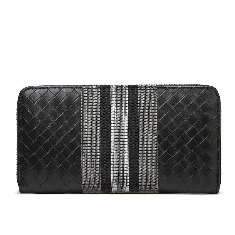 Men Long Wallet Leather Striped Embroidery Woven Clutch Bag Business Billfold