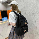 Canvas Backpack Solid Badges Zip Open Pocket Large Capacity
