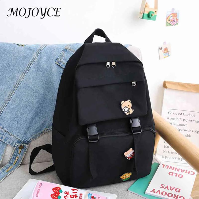 Canvas Backpack Solid Badges Zip Open Pocket Large Capacity