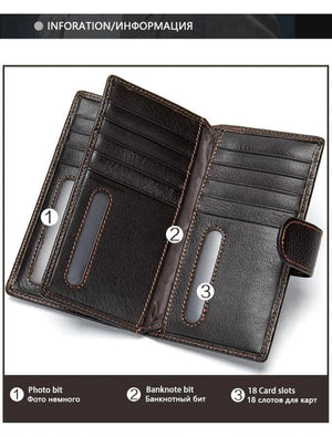 Men's Long Wallet Cow Leather Trifold Clutch Business Purse