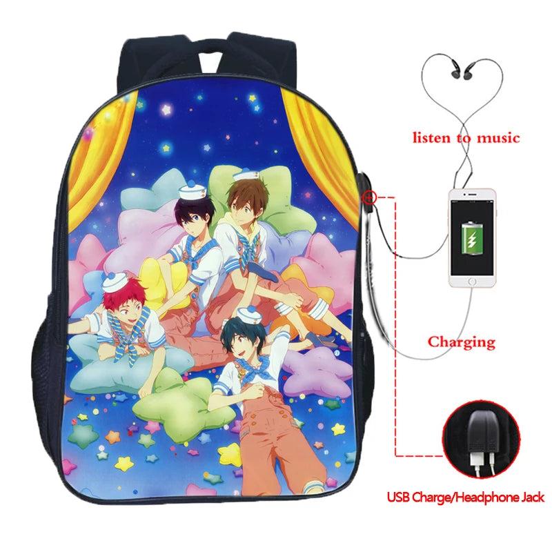 Free! Swim Club USB Charge School Bag School Backpack Casual USB Charging School