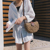 Woven Straw Crossbody Bag Rattan Semicircle Clutch Handbag