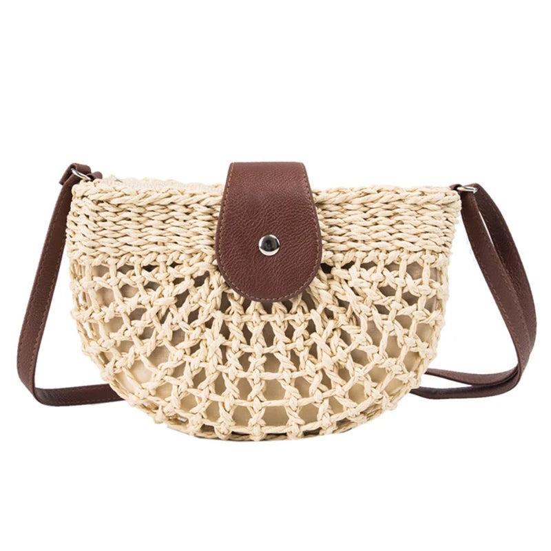 Woven Straw Crossbody Bag Rattan Semicircle Clutch Handbag