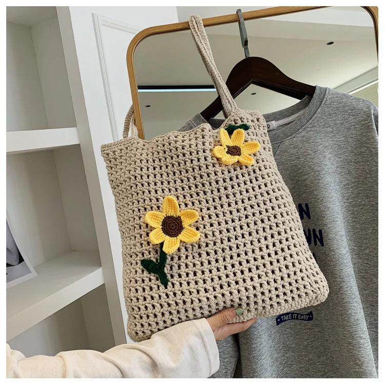 Wool Woven Bag Handbag Lovely Flower Women's Bag Knitted Shoulder Bag