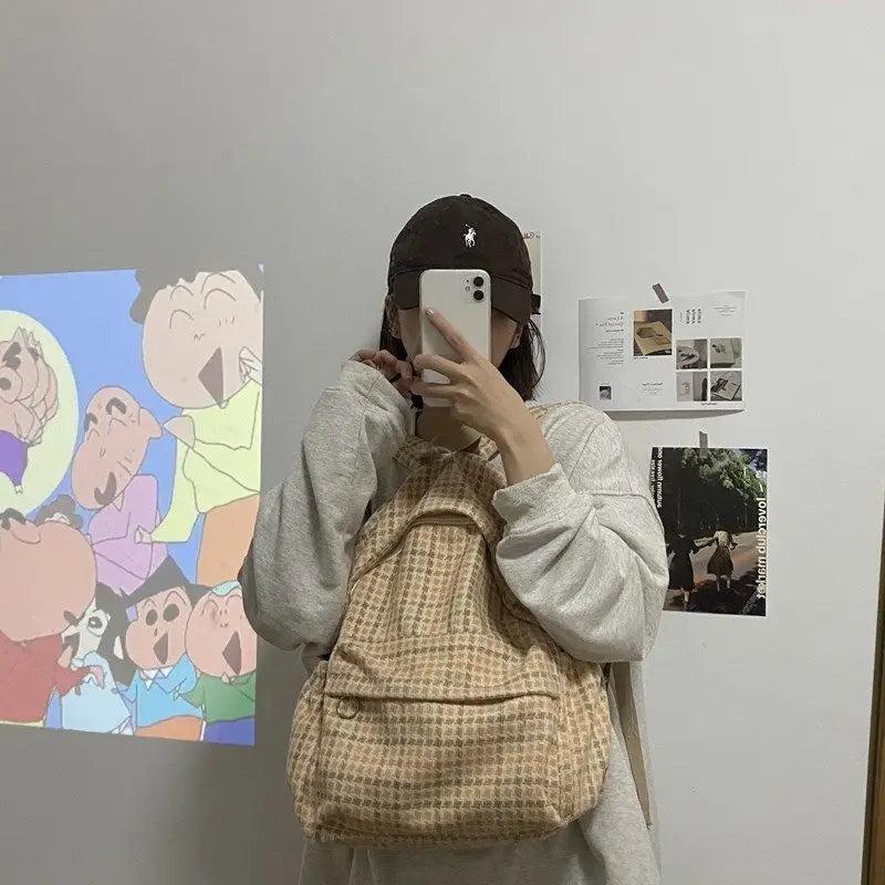 Woolen Houndstooth Backpack Large Capacity School Student Backpack I