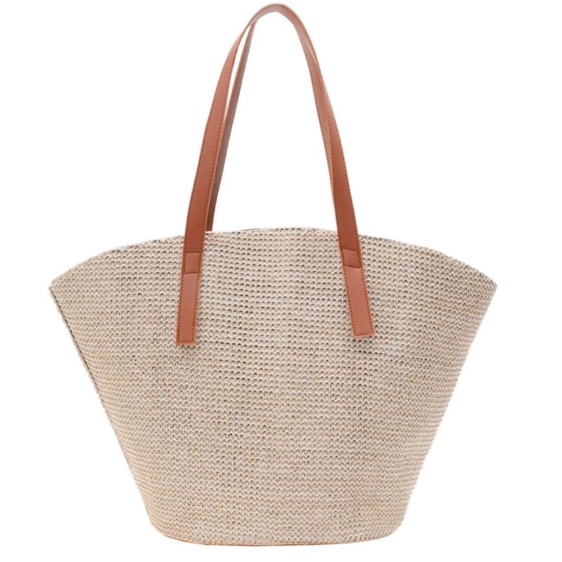 Portable Straw Shoulder Tote Bag Casual Large Capacity Braided Basket