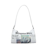 Women PU Leather Shoulder Bag with Newspaper Print Design