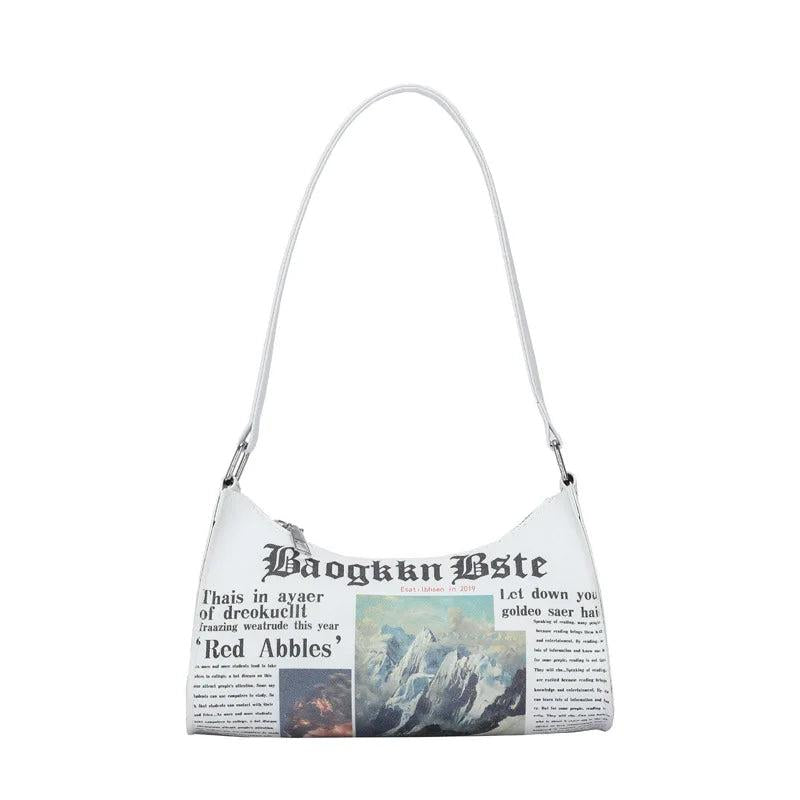 Women PU Leather Shoulder Bag with Newspaper Print Design