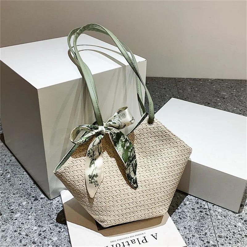 Straw Woven Bag Silk Scarf Women Shoulder Bag Handbags