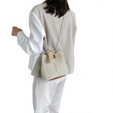 Women Woven Bucket Bag Shoulder Handbag Chain Strap Satchel Phone Pouch