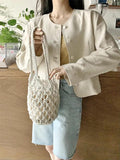 Bohemian Woven Shoulder Bag, Lightweight Bucket Purse with Long Handle