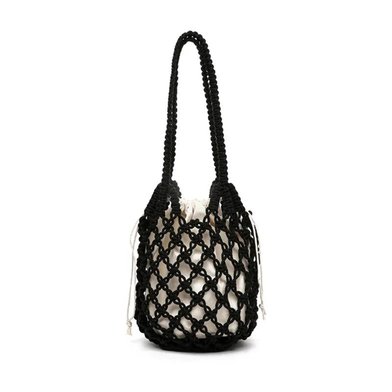 Bohemian Woven Shoulder Bag, Lightweight Bucket Purse with Long Handle