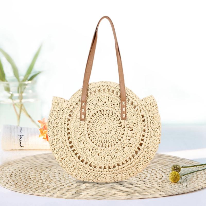 Women Shoulder Bag Summer Straw Woven Hollow out Round Crossbody Bag