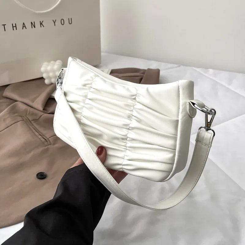 Pleated Shoulder Bag Women PU Leather Bag Armpit Handbag