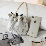 Embroidery Crossbody Bucket Bag Drawstring Messenger Handbag