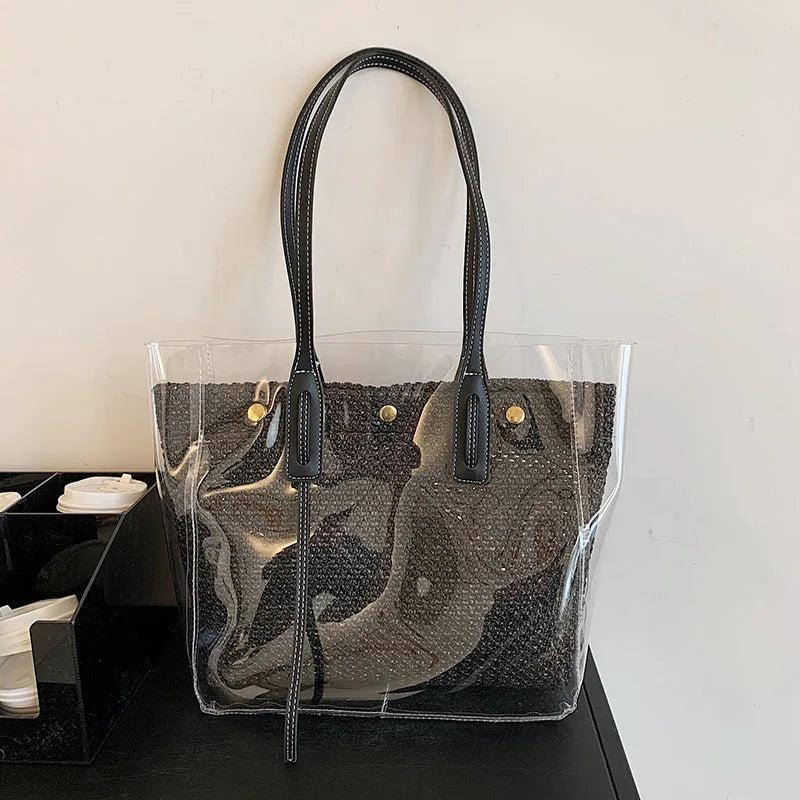 Large Capacity Women's Shoulder Handbag PVC Transparent Beach Straw Bag