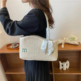 Straw Shoulder Bag with Scarf Woven Tote Handbag