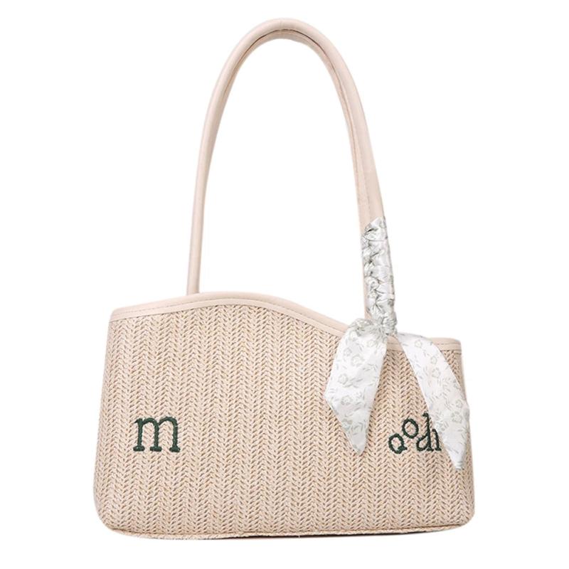 Straw Shoulder Bag with Scarf Woven Tote Handbag